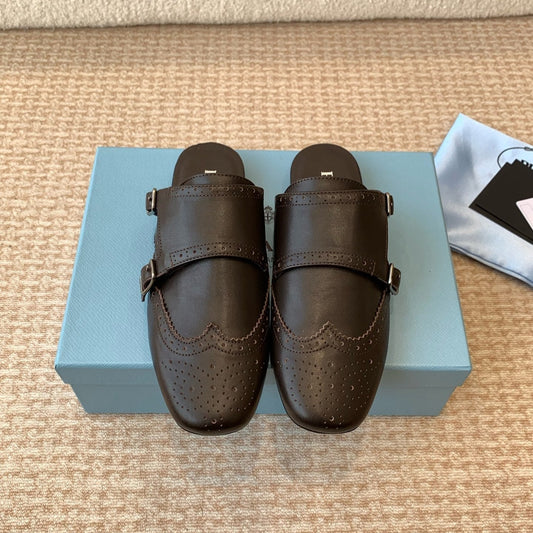 DOUBLE MONK MULES IN WALNUT BROWN CALFSKIN