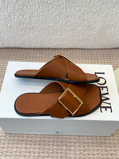 PETAL BELT FLAT SANDAL IN BRONZE BROWN CALFSKIN