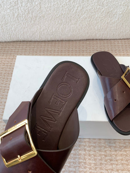 PETAL BELT FLAT SANDAL IN RUSSET BROWN CALFSKIN