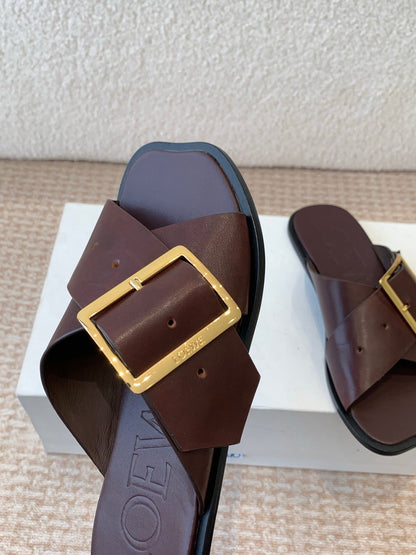 PETAL BELT FLAT SANDAL IN RUSSET BROWN CALFSKIN
