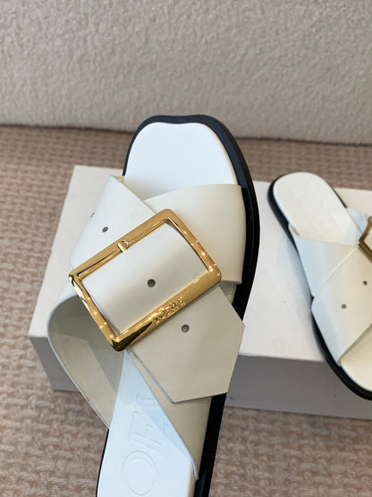 PETAL BELT FLAT SANDAL IN WHITE CALFSKIN