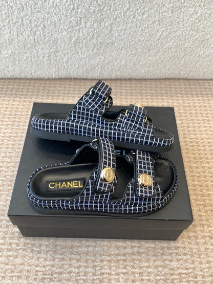 DAD SANDAL IN BLACK MIX WHITE DENIM FABRIC MULE