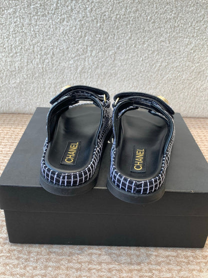 DAD SANDAL IN BLACK MIX WHITE DENIM FABRIC MULE