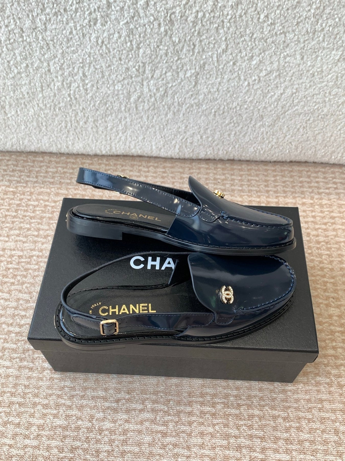 CC MOCCASIN SLINGBACK IN AEGEAN BLUE PATENT CALFSKIN