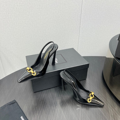 GOLD CHAIN ATTACHED HIGH SLINGBACK IN BLACK GLOSSY CALFSKIN