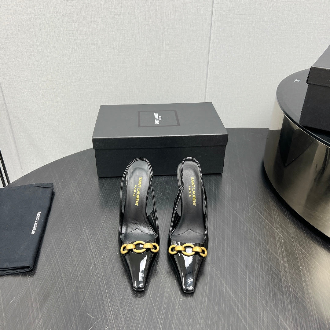 GOLD CHAIN ATTACHED HIGH SLINGBACK IN BLACK GLOSSY CALFSKIN
