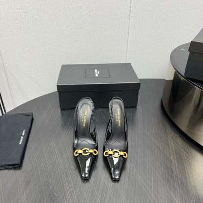 GOLD CHAIN ATTACHED HIGH SLINGBACK IN BLACK GLOSSY CALFSKIN