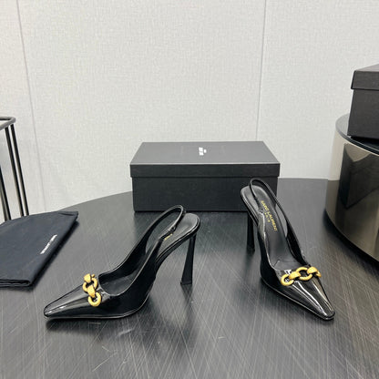 GOLD CHAIN ATTACHED HIGH SLINGBACK IN BLACK GLOSSY CALFSKIN