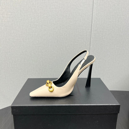 GOLD CHAIN ATTACHED HIGH SLINGBACK IN CREAM GLOSSY CALFSKIN