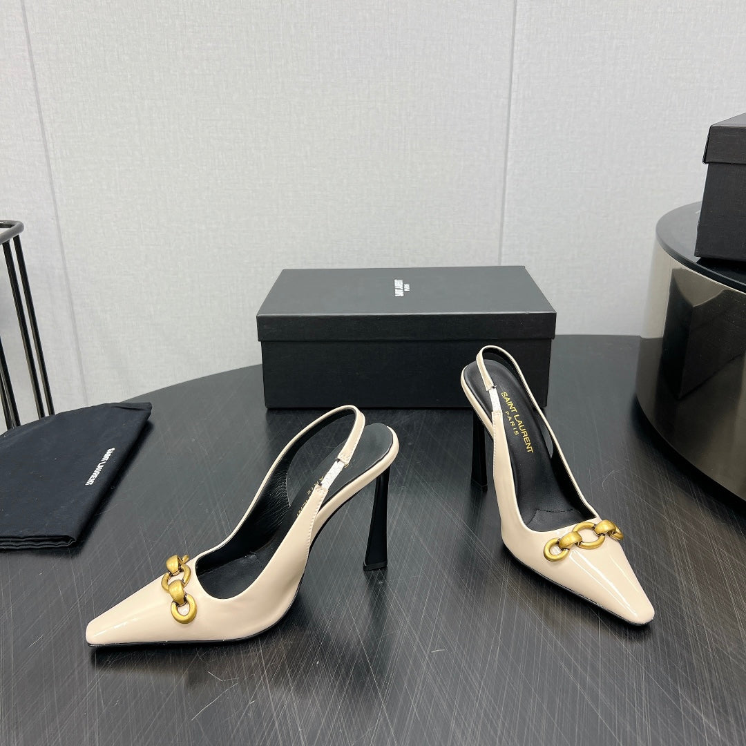 GOLD CHAIN ATTACHED HIGH SLINGBACK IN CREAM GLOSSY CALFSKIN