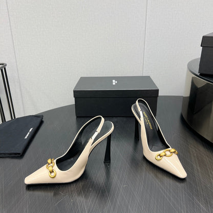 GOLD CHAIN ATTACHED HIGH SLINGBACK IN CREAM GLOSSY CALFSKIN