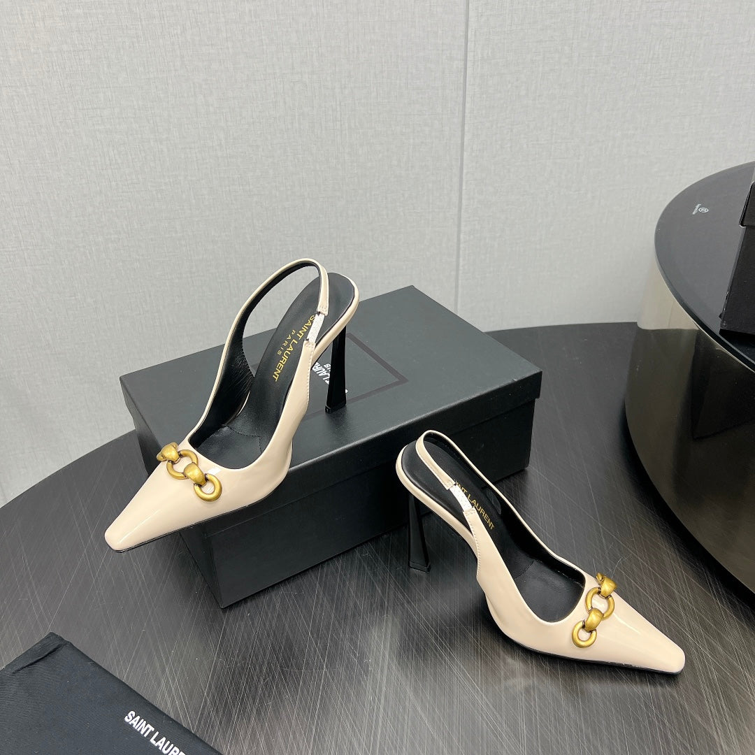 GOLD CHAIN ATTACHED HIGH SLINGBACK IN CREAM GLOSSY CALFSKIN
