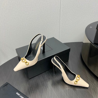 GOLD CHAIN ATTACHED HIGH SLINGBACK IN CREAM GLOSSY CALFSKIN