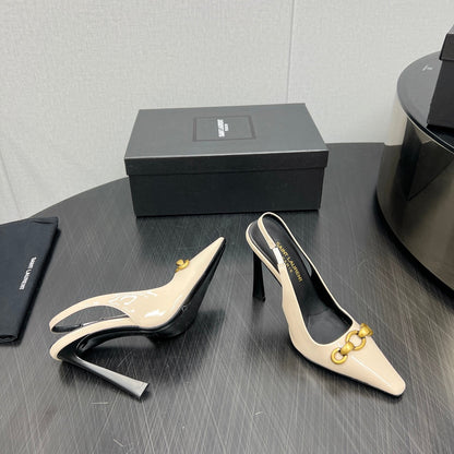 GOLD CHAIN ATTACHED HIGH SLINGBACK IN CREAM GLOSSY CALFSKIN