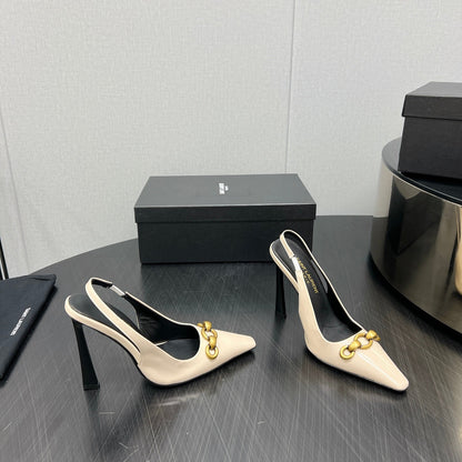 GOLD CHAIN ATTACHED HIGH SLINGBACK IN CREAM GLOSSY CALFSKIN