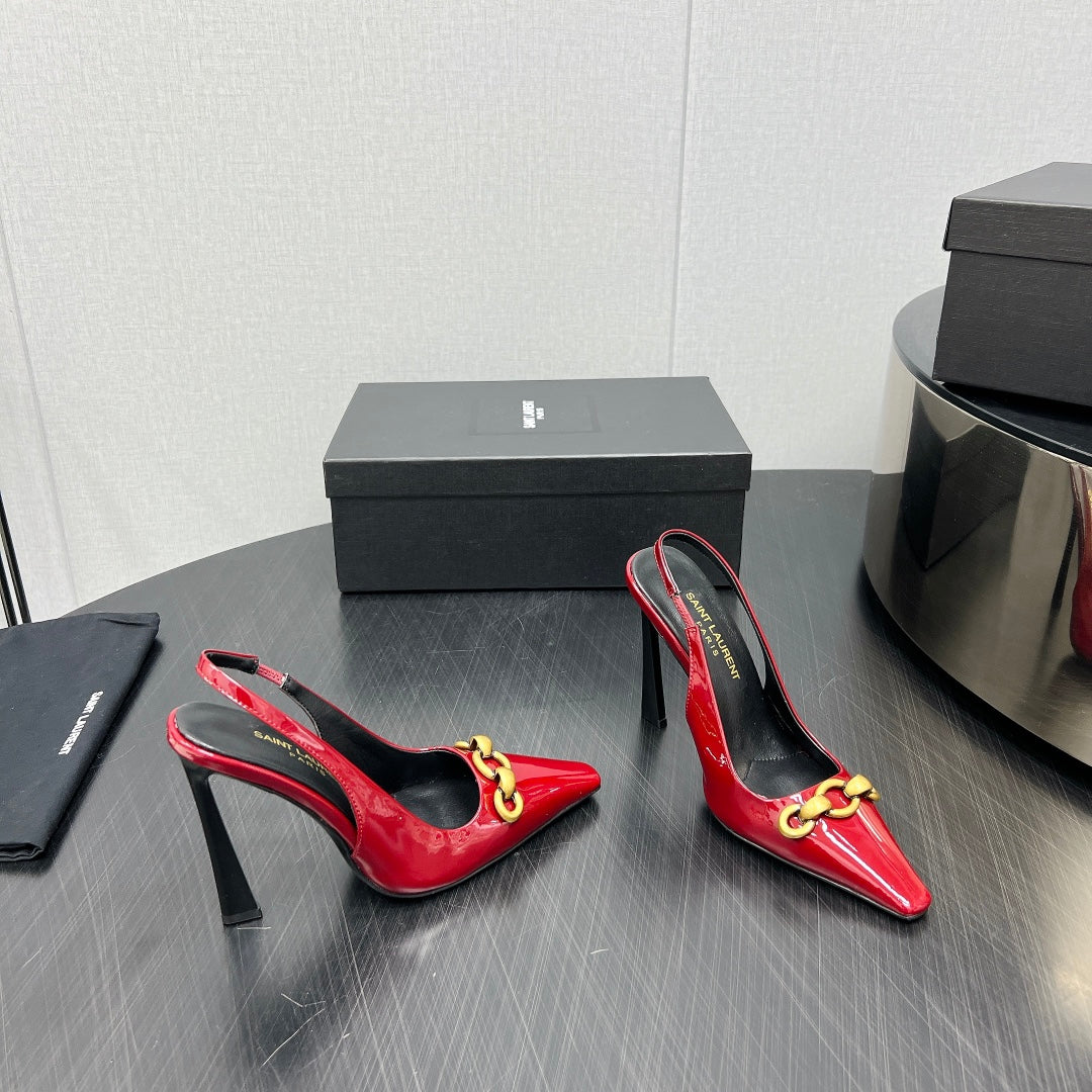 GOLD CHAIN ATTACHED HIGH SLINGBACK IN RED GLOSSY CALFSKIN