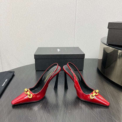 GOLD CHAIN ATTACHED HIGH SLINGBACK IN RED GLOSSY CALFSKIN