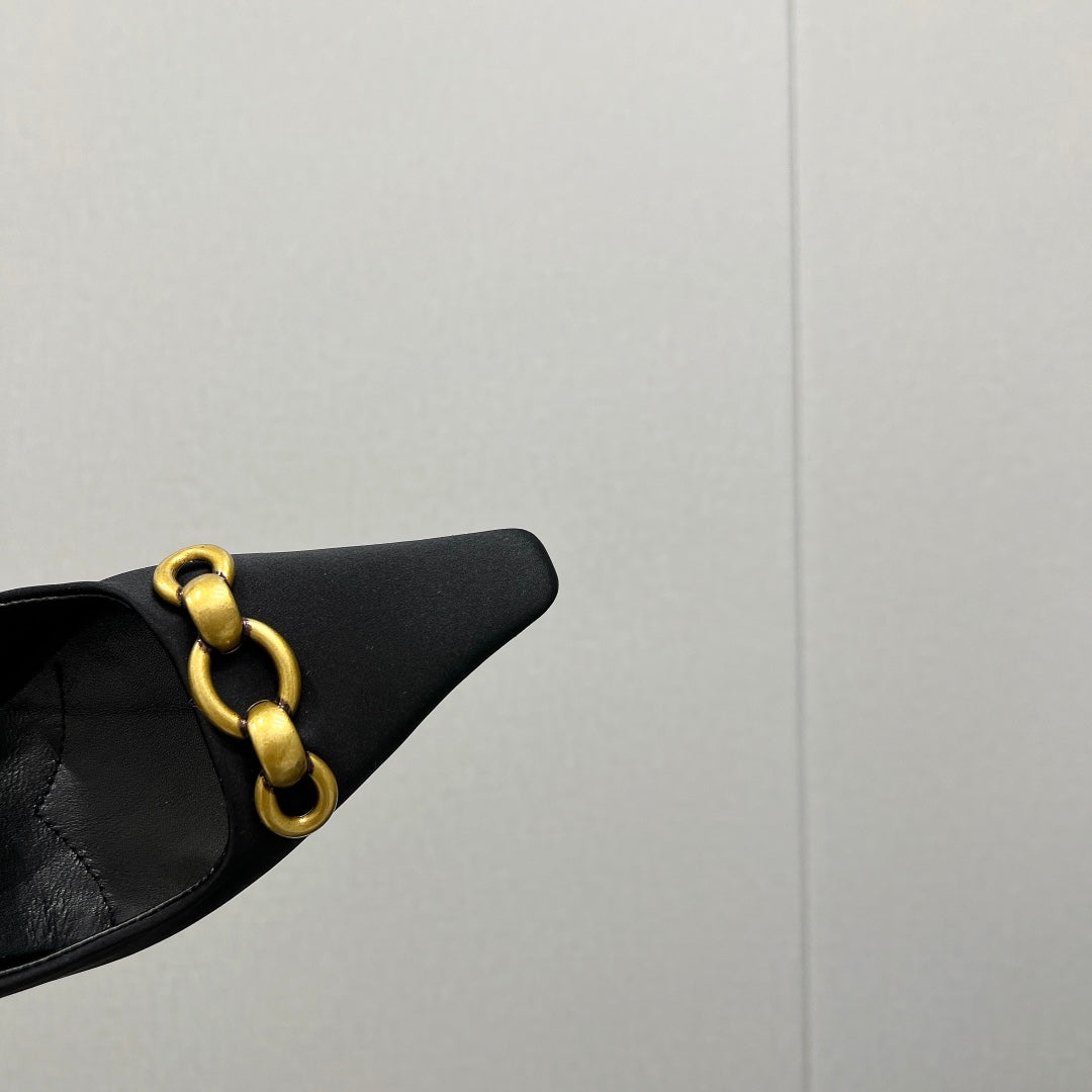 GOLD CHAIN ATTACHED HIGH SLINGBACK IN BLACK SILK