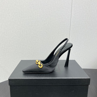 GOLD CHAIN ATTACHED HIGH SLINGBACK IN BLACK SILK