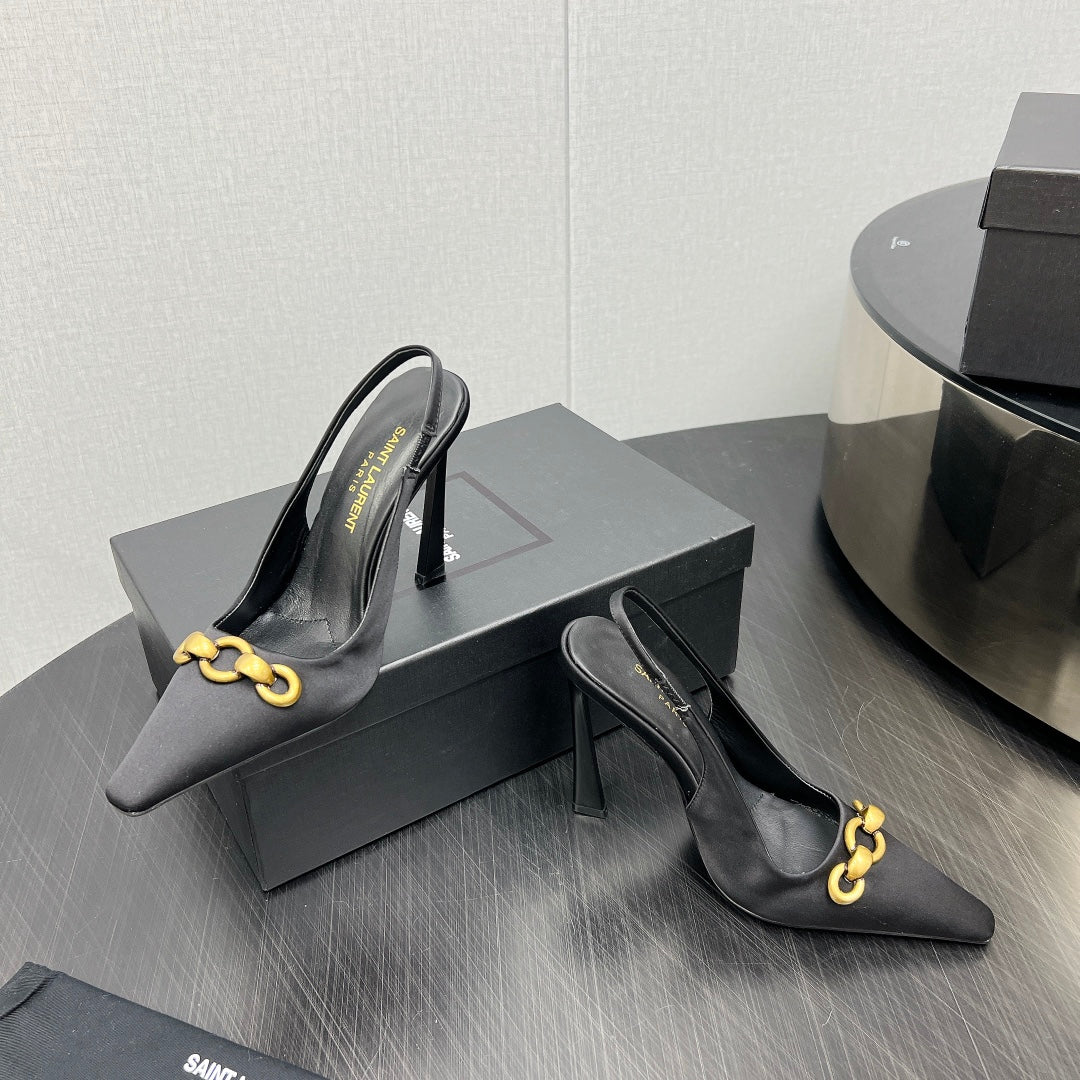 GOLD CHAIN ATTACHED HIGH SLINGBACK IN BLACK SILK