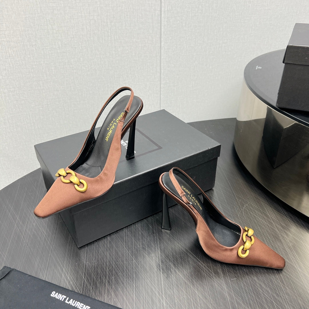GOLD CHAIN ATTACHED HIGH SLINGBACK IN TOFFEE BROWN SILK