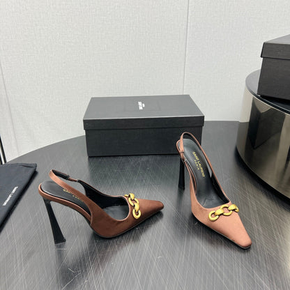 GOLD CHAIN ATTACHED HIGH SLINGBACK IN TOFFEE BROWN SILK