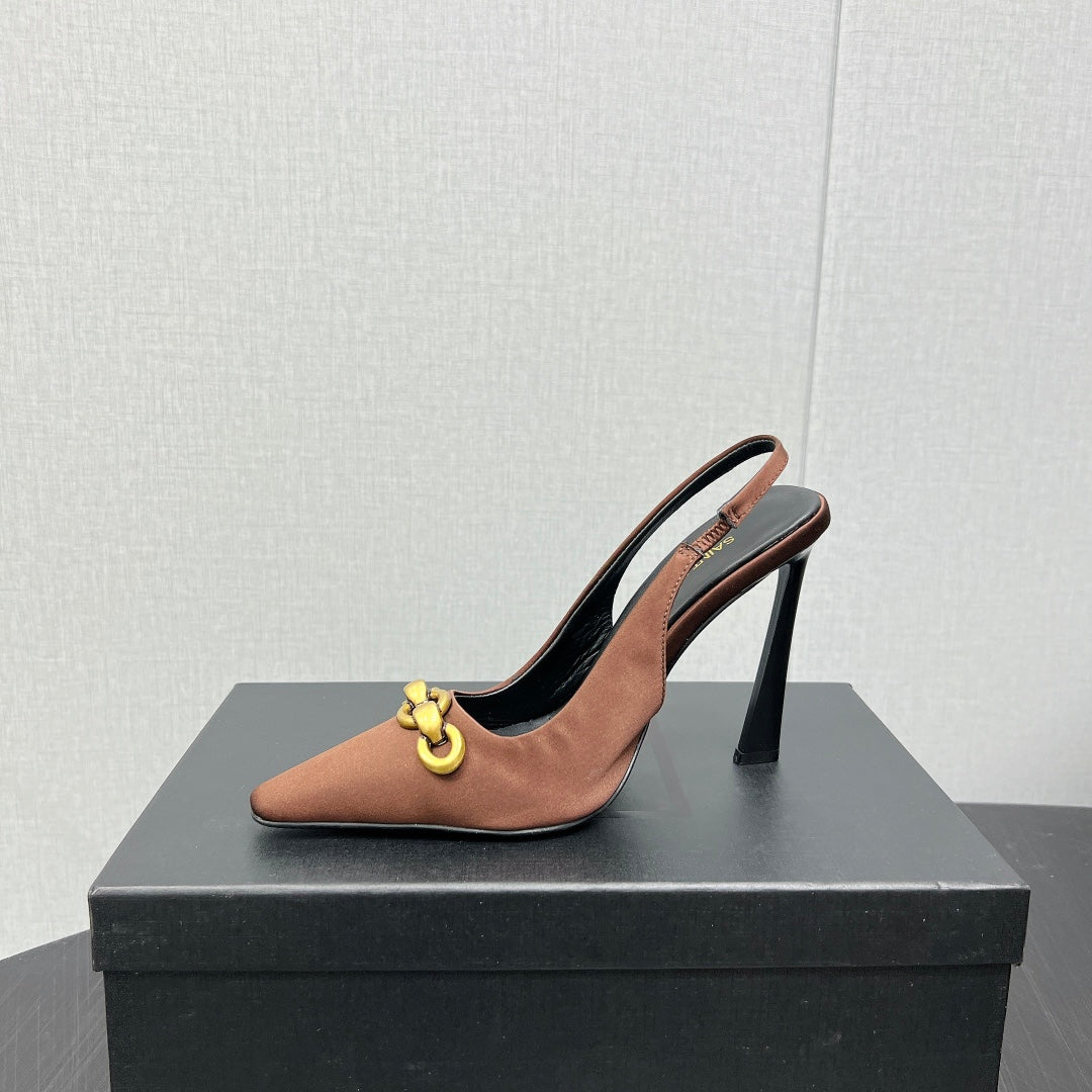 GOLD CHAIN ATTACHED HIGH SLINGBACK IN TOFFEE BROWN SILK