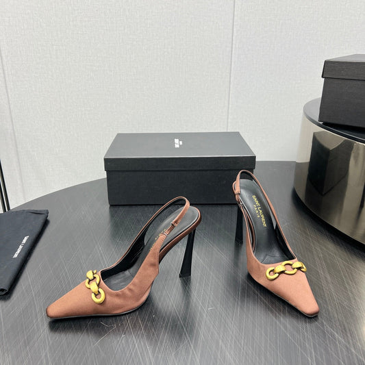 GOLD CHAIN ATTACHED HIGH SLINGBACK IN TOFFEE BROWN SILK