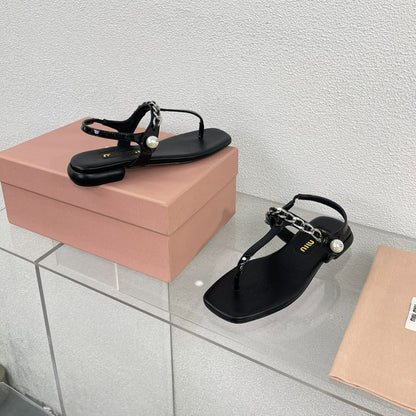 Pearl Chain Flip-Flops Black Color Leather