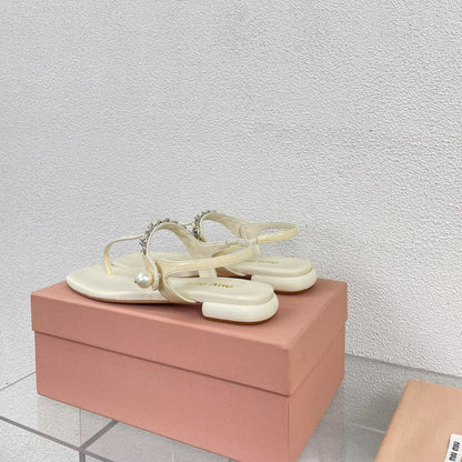 Pearl Chain Flip-Flops Apricot Color Leather