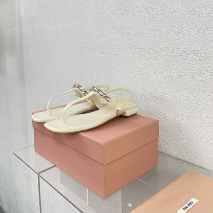 Pearl Chain Flip-Flops Apricot Color Leather