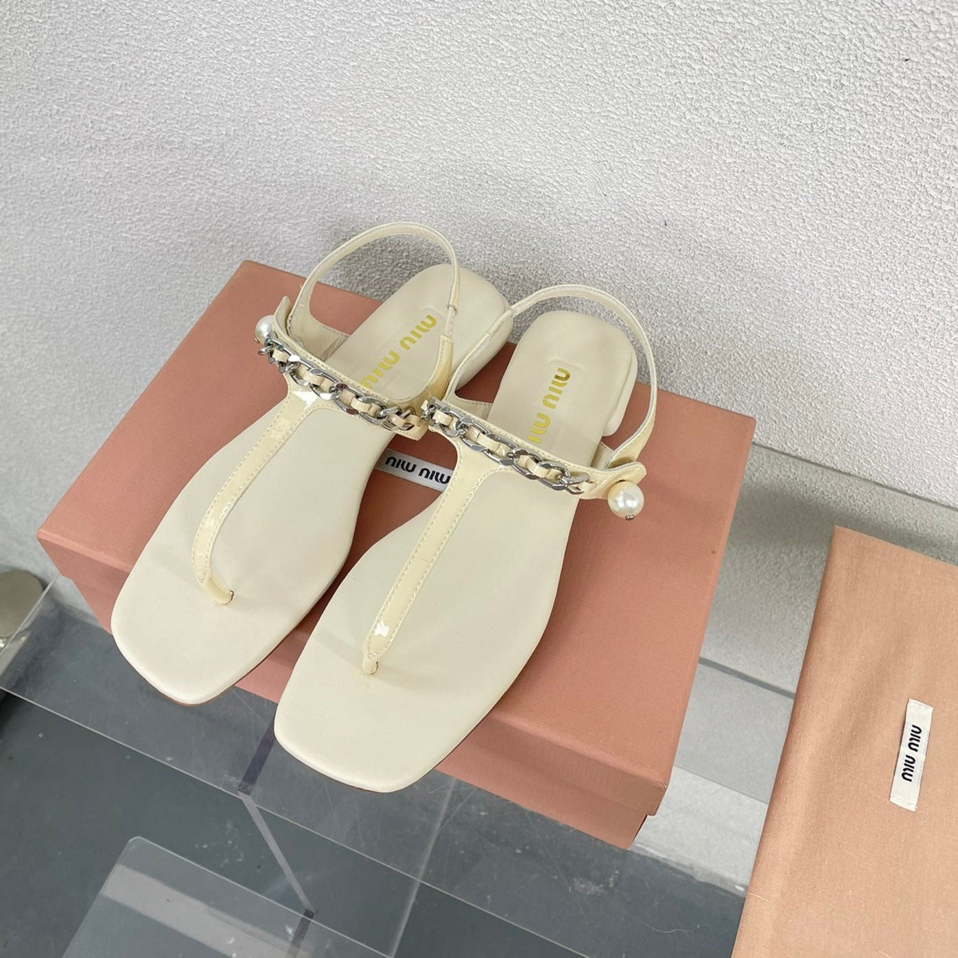 Pearl Chain Flip-Flops Apricot Color Leather