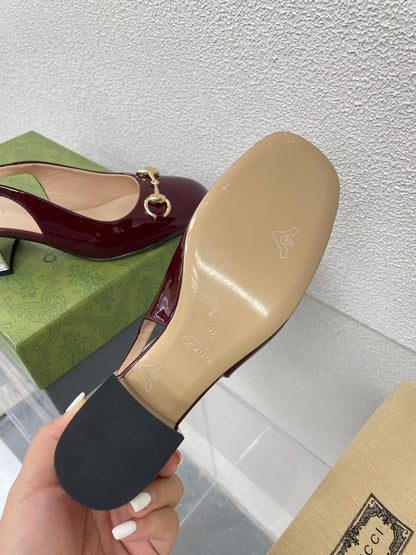 GG WOMEN'S HORSEBIT SLINGBACK IN WINE RED CALFSKIN WITH RHINSTONES