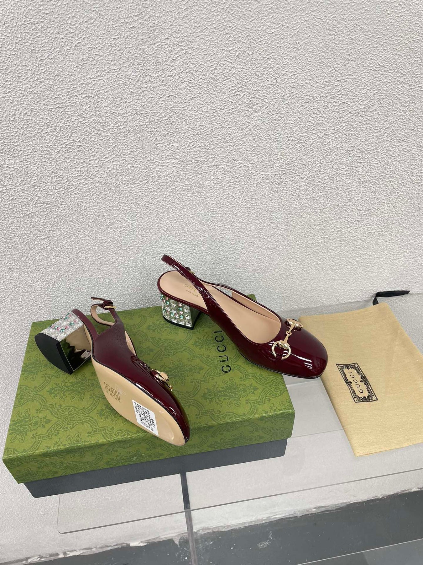 GG WOMEN'S HORSEBIT SLINGBACK IN WINE RED CALFSKIN WITH RHINSTONES