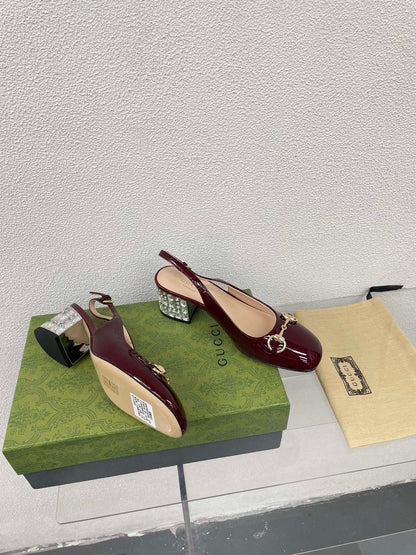 GG WOMEN'S HORSEBIT SLINGBACK IN WINE RED CALFSKIN WITH RHINSTONES