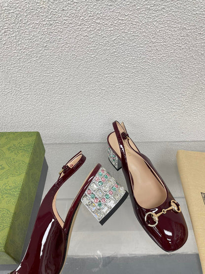 GG WOMEN'S HORSEBIT SLINGBACK IN WINE RED CALFSKIN WITH RHINSTONES