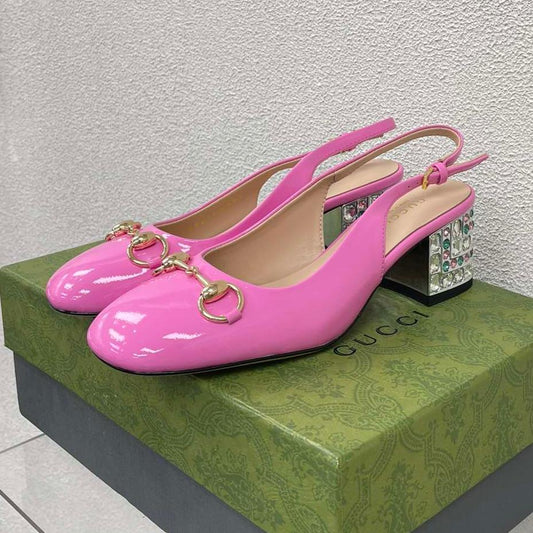GG WOMEN'S HORSEBIT SLINGBACK IN FUSCIA PINK CALFSKIN WITH RHINSTONES