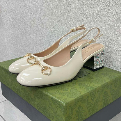 GG WOMEN'S HORSEBIT SLINGBACK IN WHITE CALFSKIN WITH RHINSTONES