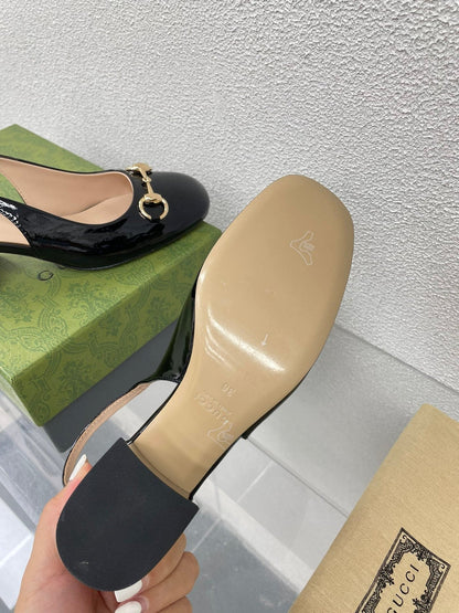 GG WOMEN'S HORSEBIT SLINGBACK IN BLACK CALFSKIN WITH RHINSTONES