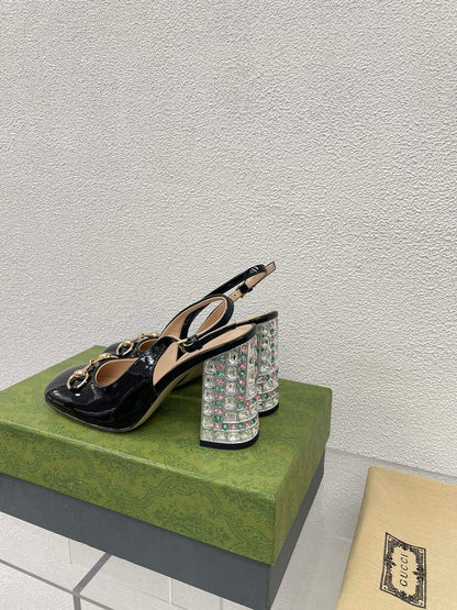 GG WOMEN'S HORSEBIT SLINGBACK 95MM IN BLACK CALFSKIN WITH RHINSTONES