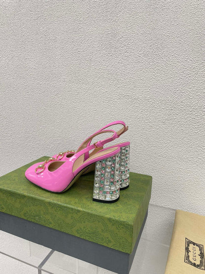 GG WOMEN'S HORSEBIT SLINGBACK 95MM IN FUSICA PINK CALFSKIN WITH RHINSTONES