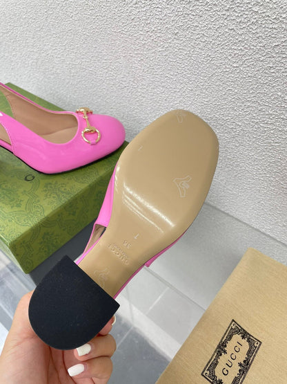 GG WOMEN'S HORSEBIT SLINGBACK 95MM IN FUSICA PINK CALFSKIN WITH RHINSTONES