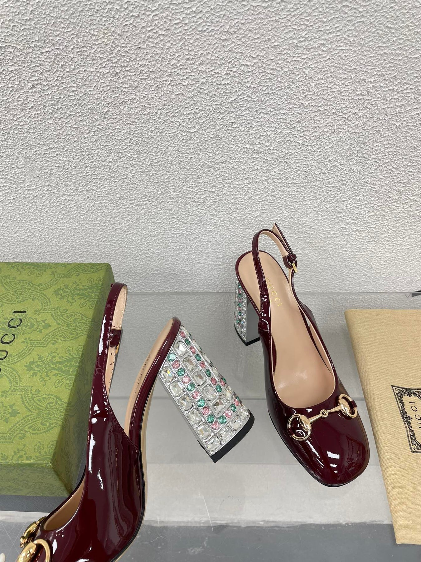 GG WOMEN'S HORSEBIT SLINGBACK 95MM IN WINE RED CALFSKIN WITH RHINSTONES