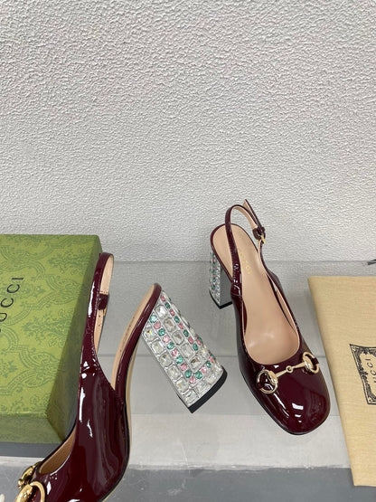 GG WOMEN'S HORSEBIT SLINGBACK 95MM IN WINE RED CALFSKIN WITH RHINSTONES