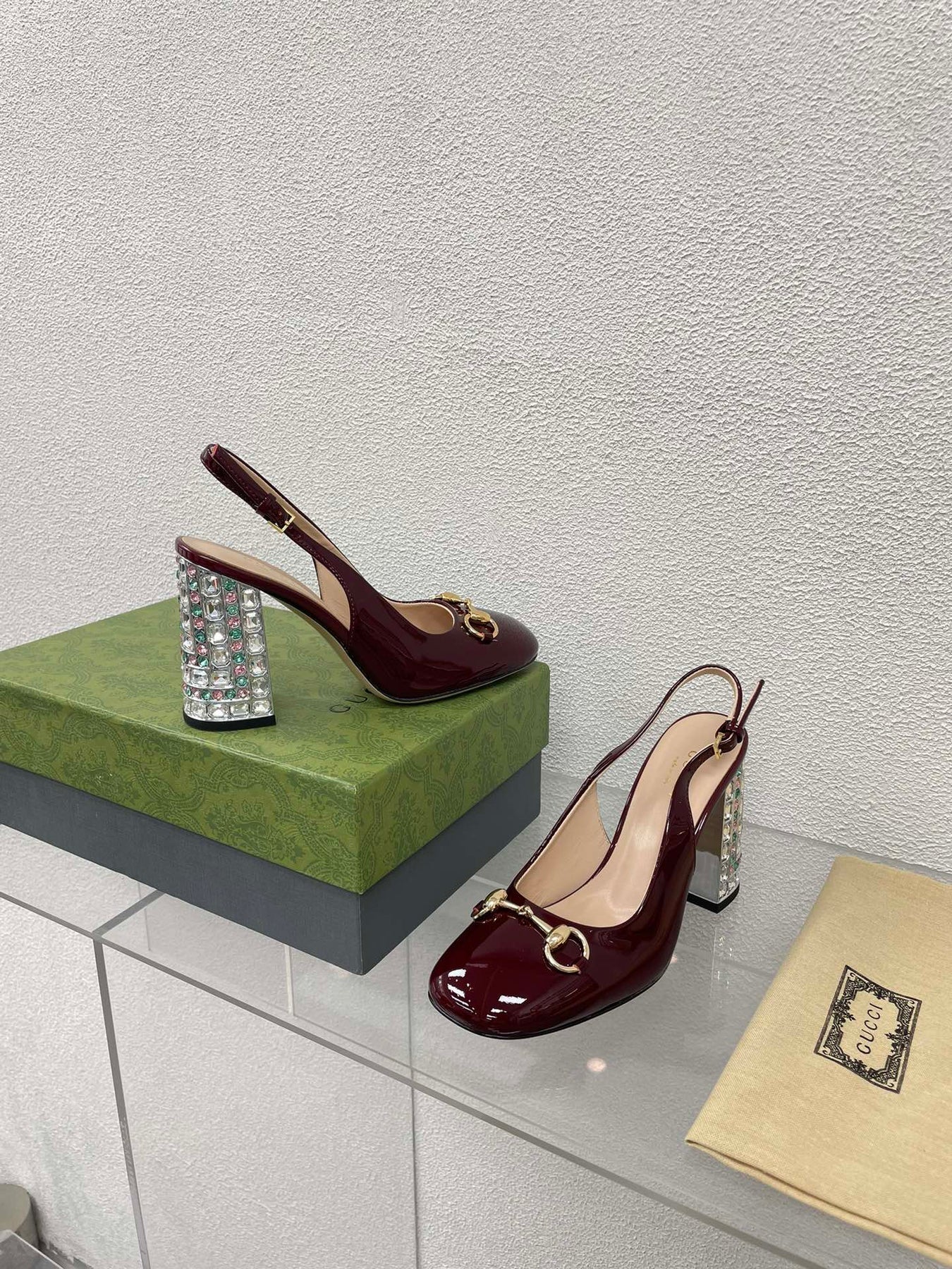 GG WOMEN'S HORSEBIT SLINGBACK 95MM IN WINE RED CALFSKIN WITH RHINSTONES