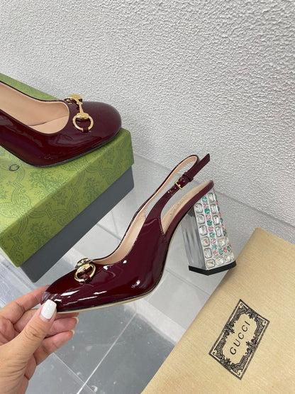 GG WOMEN'S HORSEBIT SLINGBACK 95MM IN WINE RED CALFSKIN WITH RHINSTONES