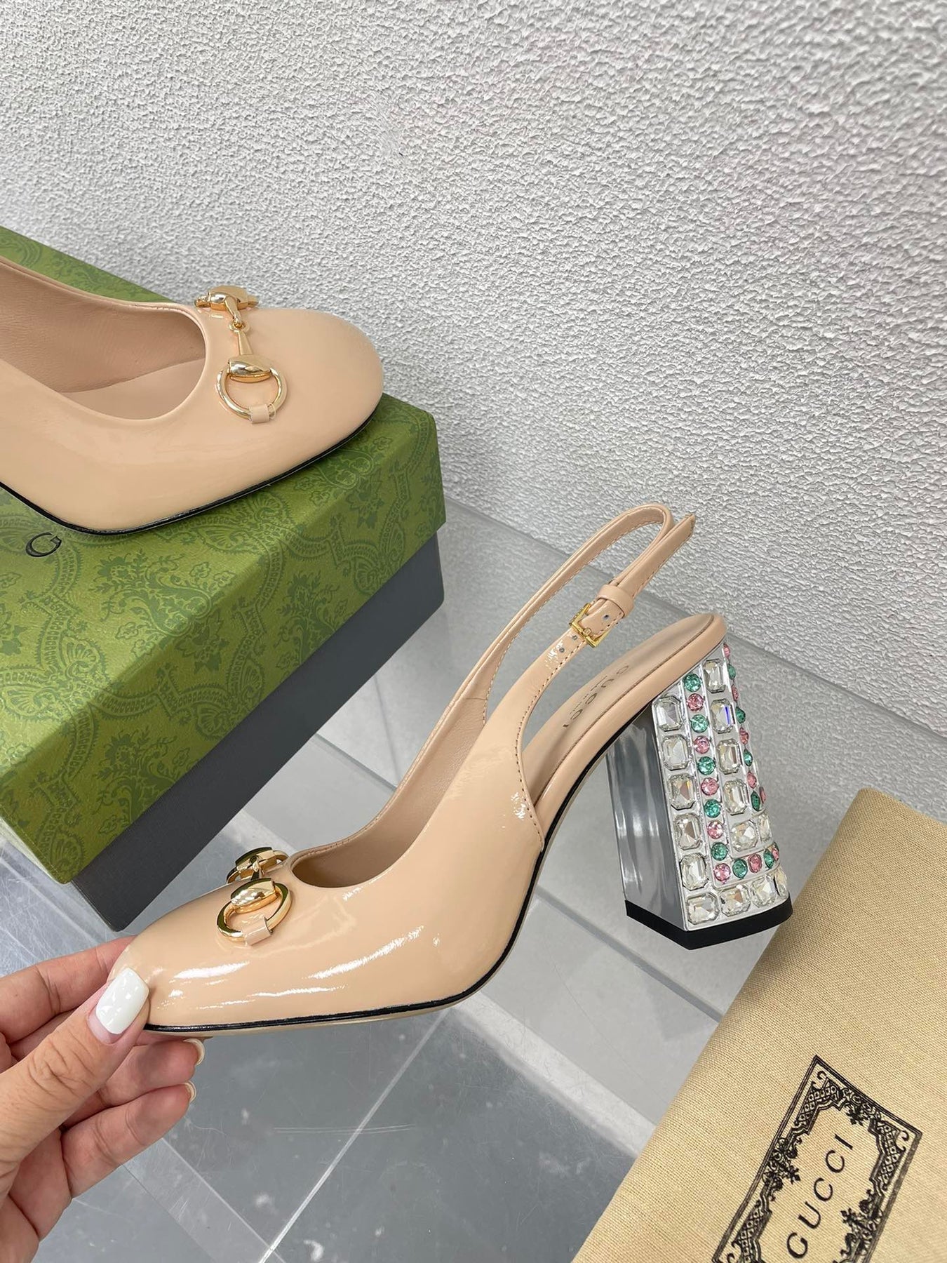 GG WOMEN'S HORSEBIT SLINGBACK 95MM IN TAN BEIGE CALFSKIN WITH RHINSTONES