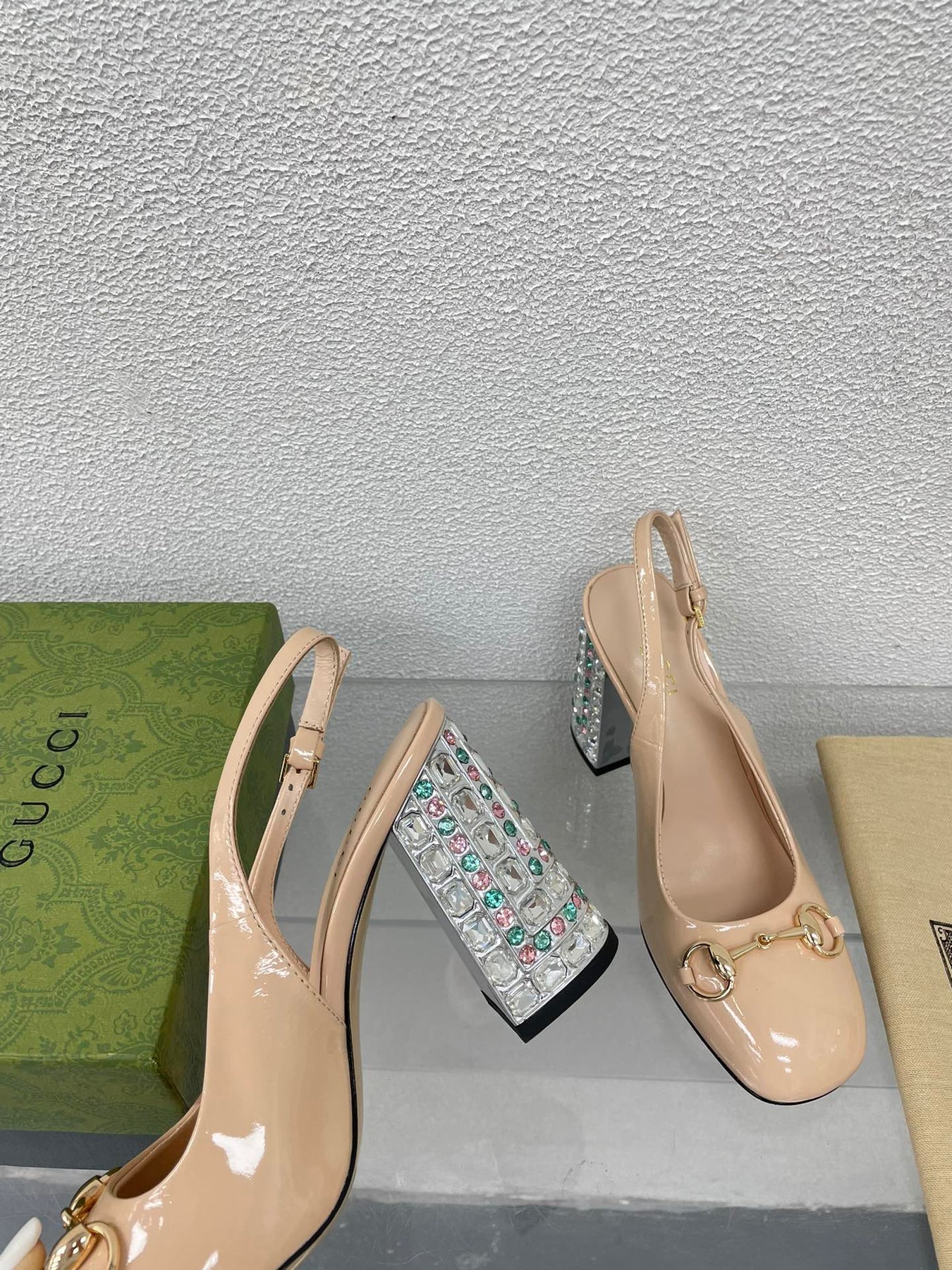 GG WOMEN'S HORSEBIT SLINGBACK 95MM IN TAN BEIGE CALFSKIN WITH RHINSTONES