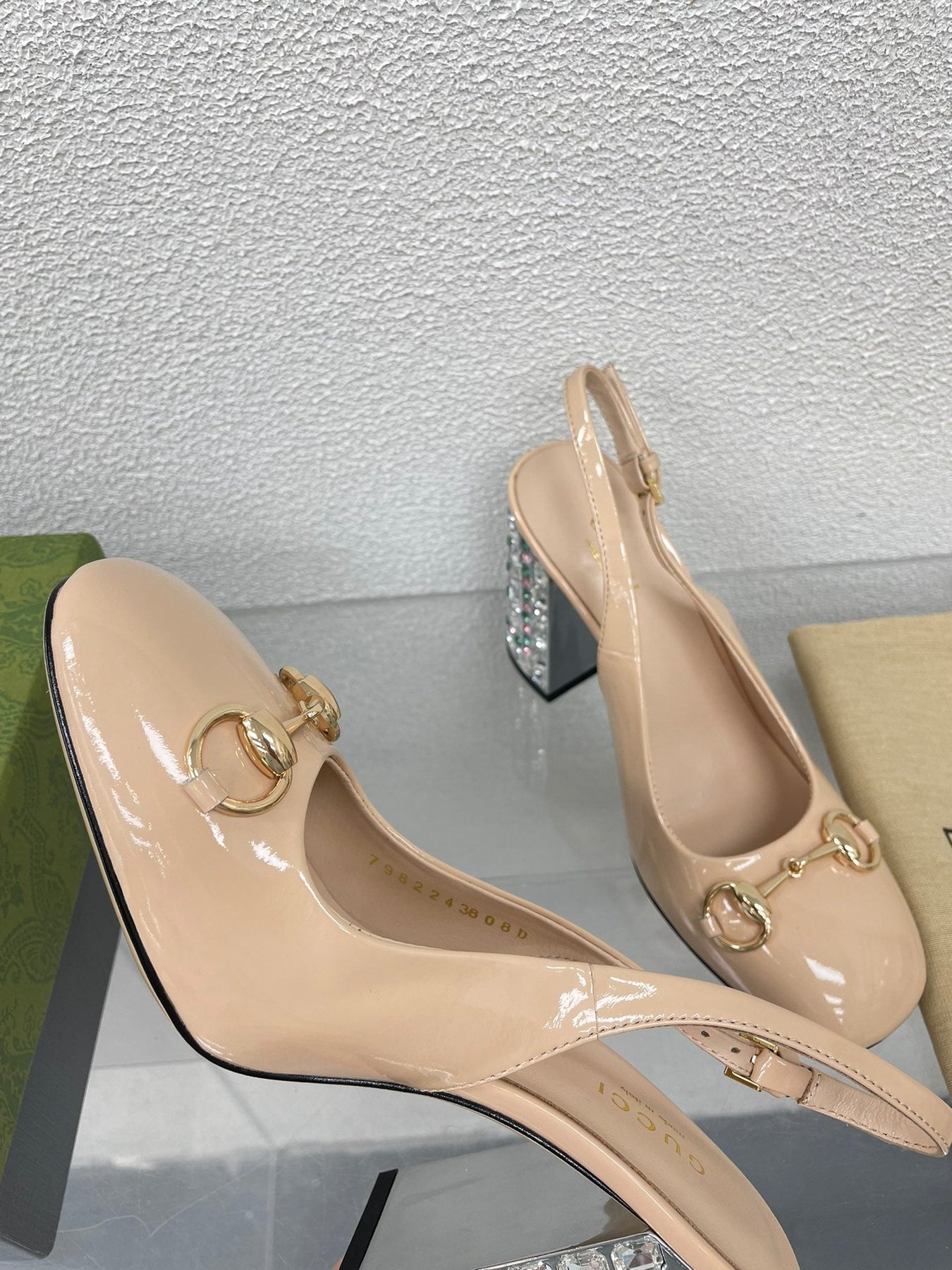 GG WOMEN'S HORSEBIT SLINGBACK 95MM IN TAN BEIGE CALFSKIN WITH RHINSTONES