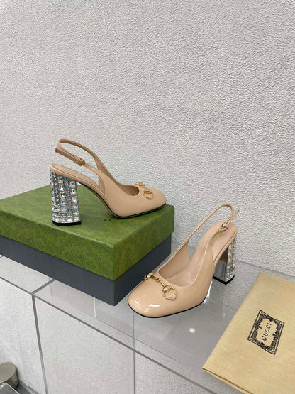 GG WOMEN'S HORSEBIT SLINGBACK 95MM IN TAN BEIGE CALFSKIN WITH RHINSTONES